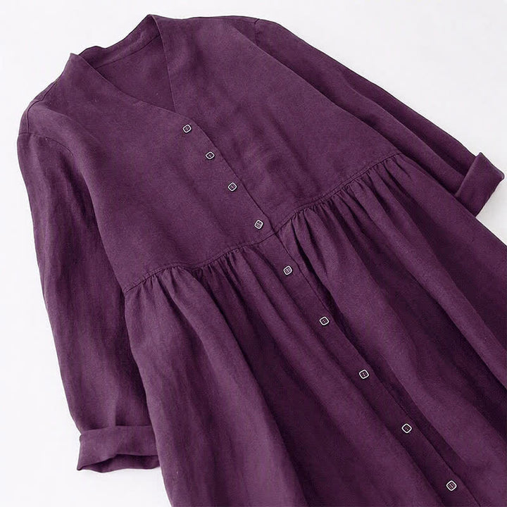 Buddha Stones Fall Casual Minimalist Button-Up Purple Women's Long Sleeve Dress With Pockets - image 3