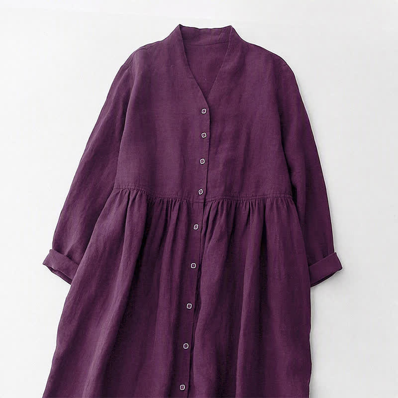 Buddha Stones Fall Casual Minimalist Button-Up Purple Women's Long Sleeve Dress With Pockets - image 4