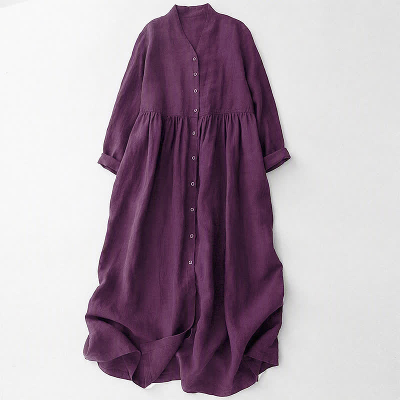 Buddha Stones Fall Casual Minimalist Button-Up Purple Women's Long Sleeve Dress With Pockets - Purple - US8-10, UK/AU12-14, EU40-42 (2XL) - image 0