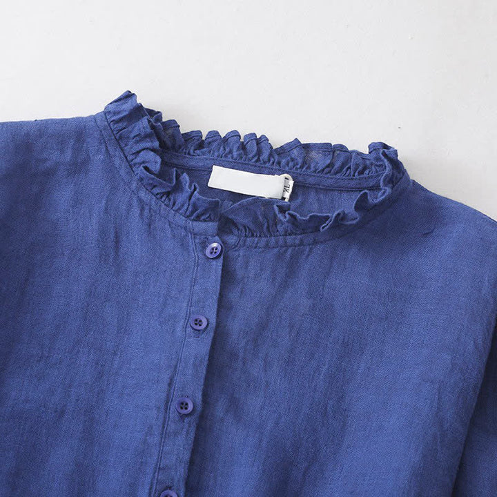 Buddha Stones Spring Fall Casual Vintage Button-Up Drawstring Blue Women's Long Sleeve Dresses With Pocket - image 2