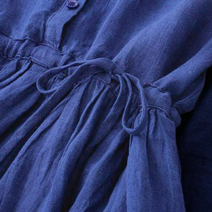 Buddha Stones Spring Fall Casual Vintage Button-Up Drawstring Blue Women's Long Sleeve Dresses With Pocket - image 5