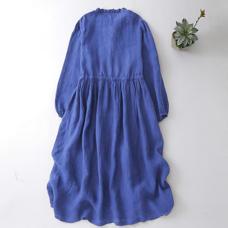 Buddha Stones Spring Fall Casual Vintage Button-Up Drawstring Blue Women's Long Sleeve Dresses With Pocket - image 1