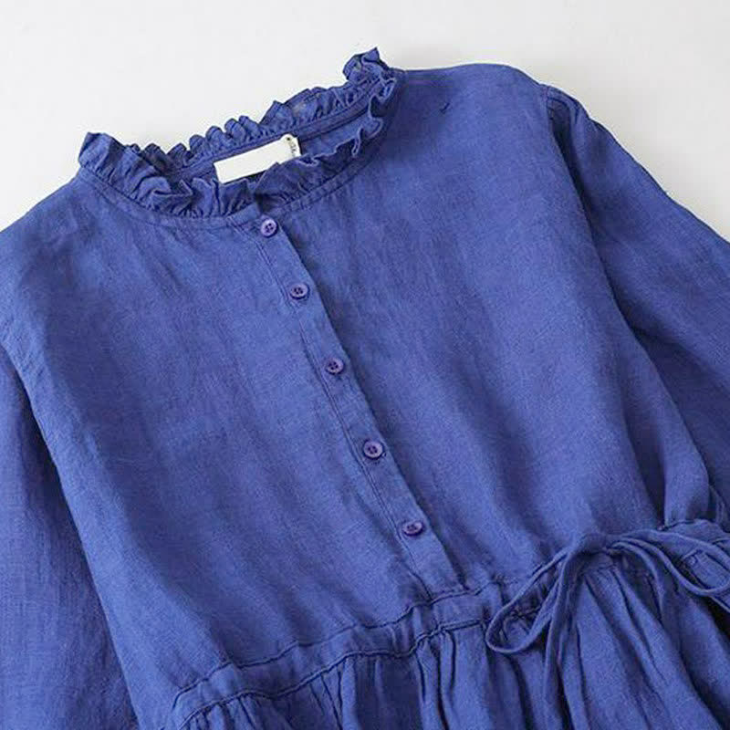 Buddha Stones Spring Fall Casual Vintage Button-Up Drawstring Blue Women's Long Sleeve Dresses With Pocket - image 3