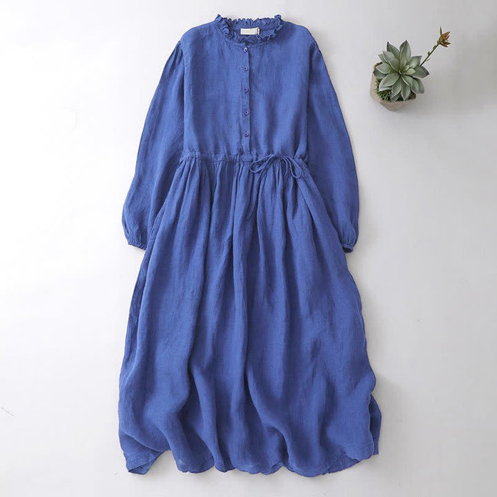 Buddha Stones Spring Fall Casual Vintage Button-Up Drawstring Blue Women's Long Sleeve Dresses With Pocket - RoyalBlue - US12, UK/AU16, EU44 (2XL) - image 0