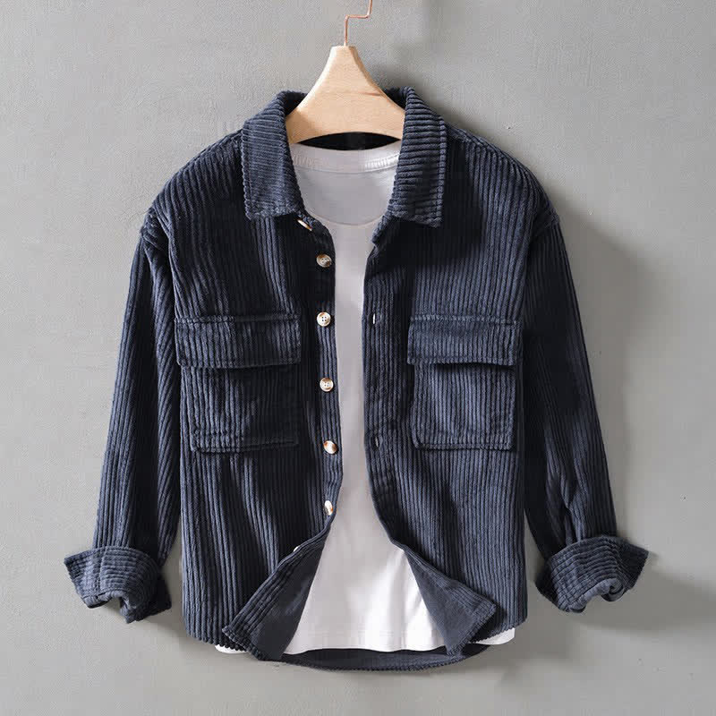Buddha Stones Fall Winter Vintage Button-Up Solid Cotton Corduroy Men's Jackets With Pocket - DarkSlateGray - US/UK/AU42, EU52 (3XL) - image 0