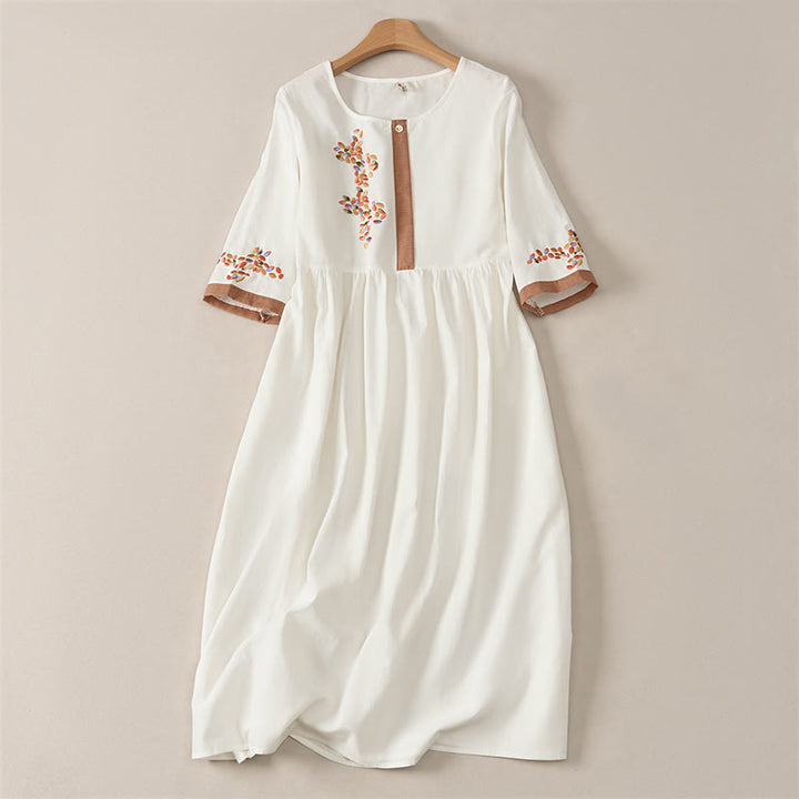 Buddha Stones Spring Ethnic Embroidery Half Sleeve Women's Midi Dress - White - US12，UK/AU16，EU44 (2XL) - image 0
