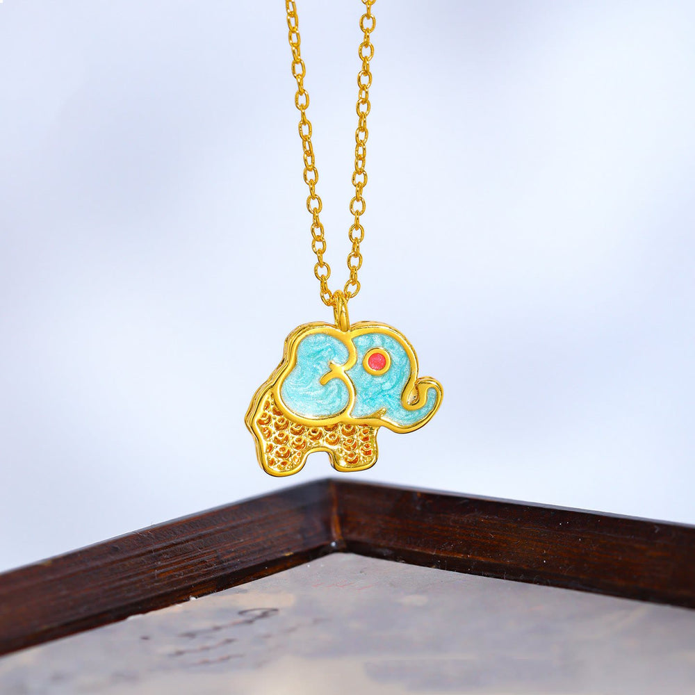 Buddha Stones 24K Gold Plated Copper Lucky Elephant Hollow Pendant Necklace - Green - image 1