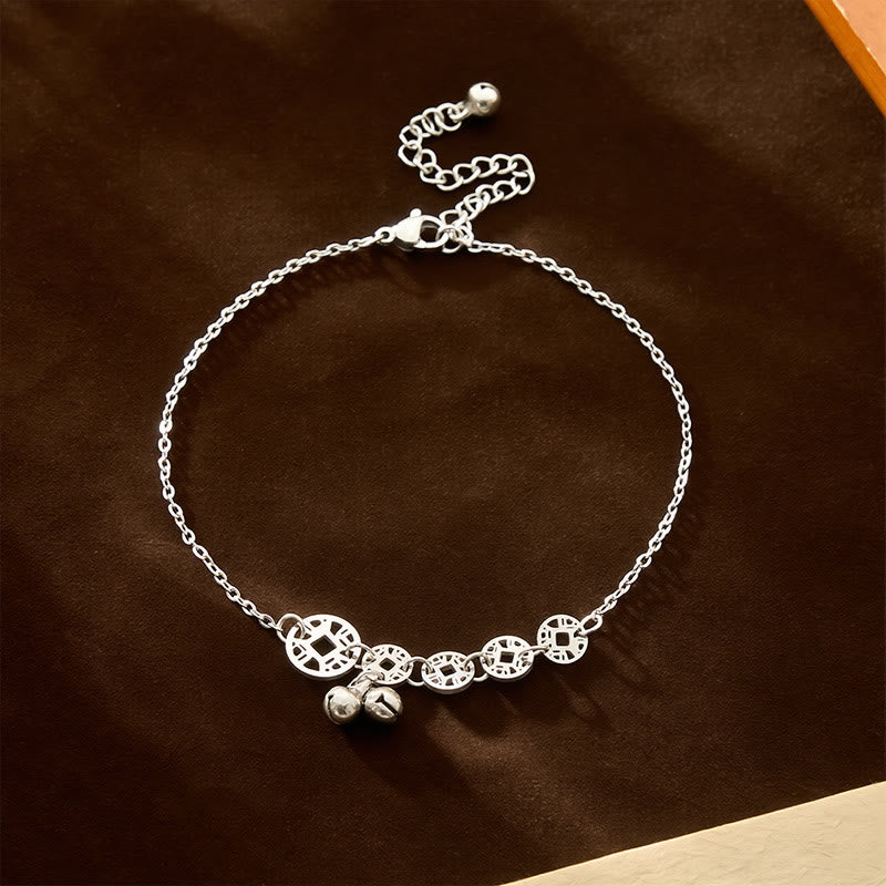 Buddha Stones Copper Coins Bell Charm Titanium Steel Strengthen Anklet - Silver Anklet(Circumference 21-26cm) - image 13