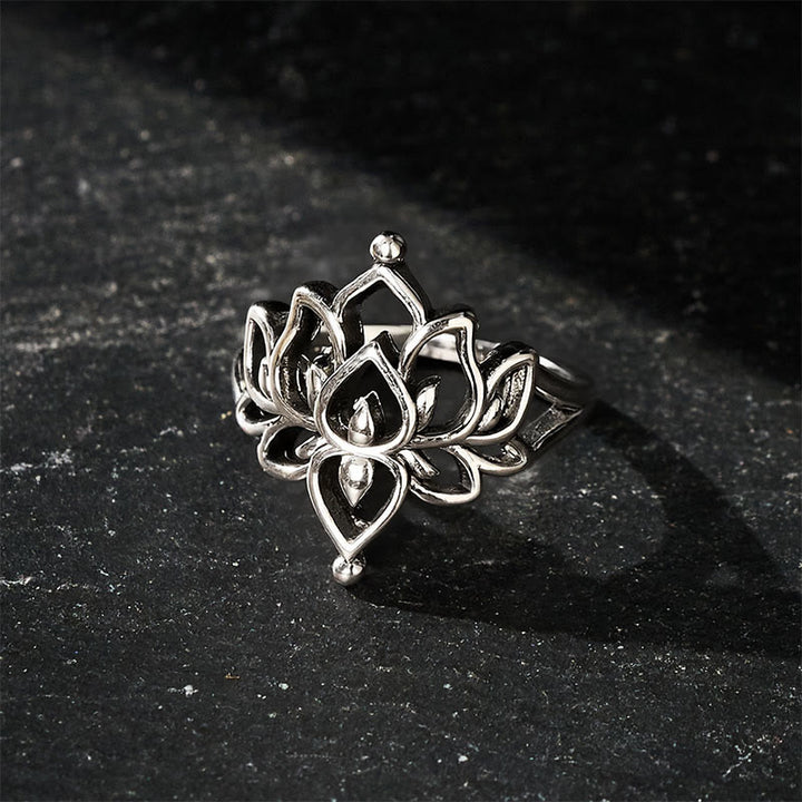 Buddha Stones Vintage Silver Tone Lotus Purity Statement Ring - image 3