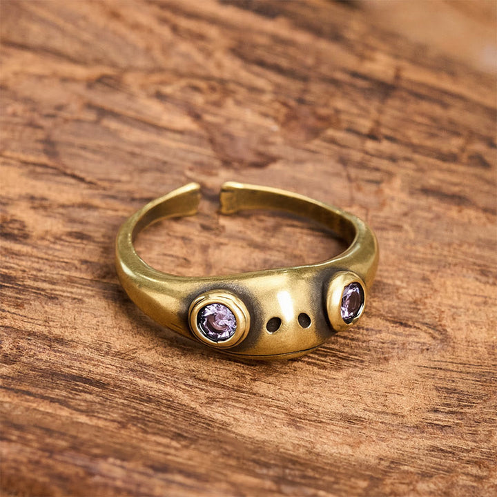 Buddha Stones Vintage Brass Feng Shui Frog Wealth Open Ring - Purple Eyes - image 9