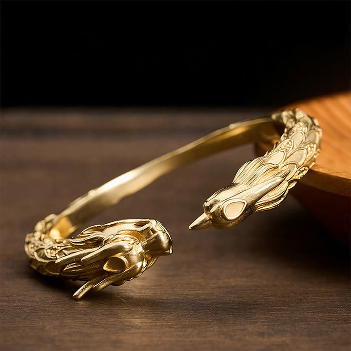 Buddha Stones Antique Brass Dragon and Phoenix Strength Open Cuff Bracelet - Brass - image 10