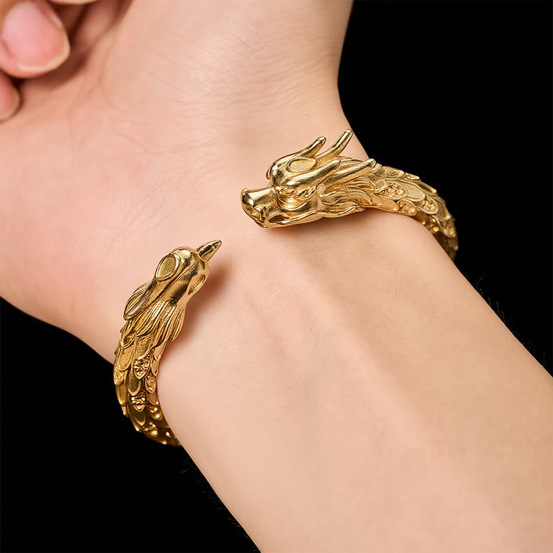 Buddha Stones Antique Brass Dragon and Phoenix Strength Open Cuff Bracelet - image 15