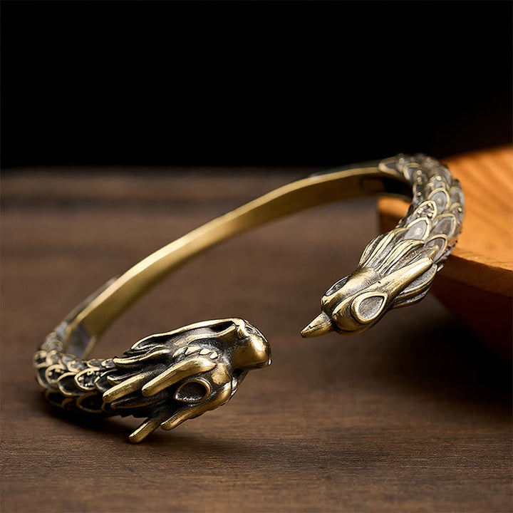 Buddha Stones Antique Brass Dragon and Phoenix Strength Open Cuff Bracelet - Dark Brass - image 0