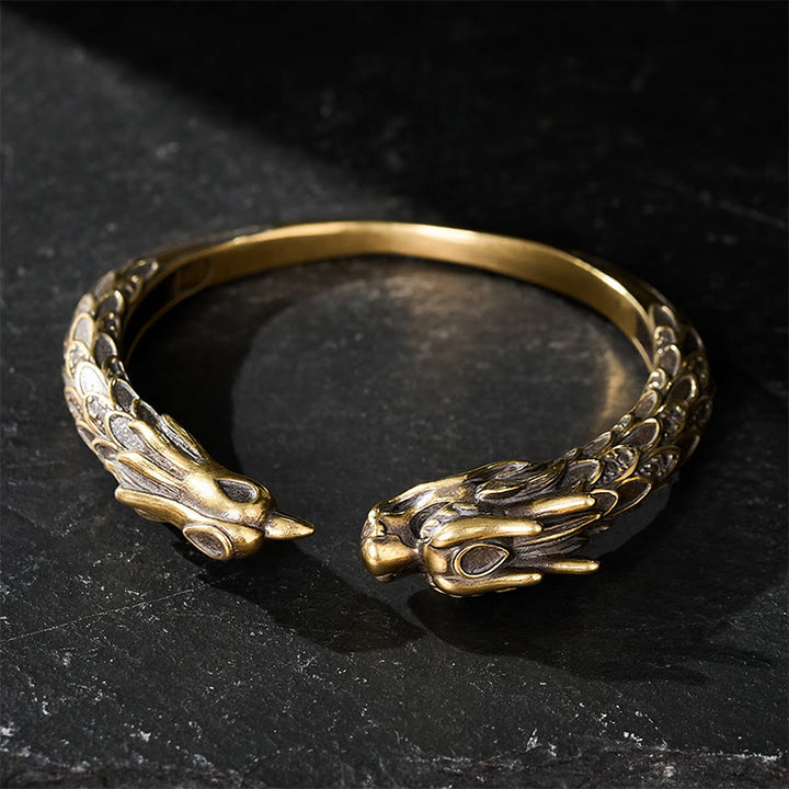 Buddha Stones Antique Brass Dragon and Phoenix Strength Open Cuff Bracelet - image 3