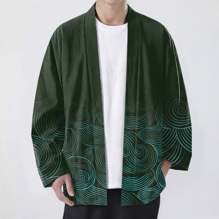 Buddha Stones Cotton Ripple Circle Pattern Open Front Men's Kimono - DarkGreen - US/UK/AU48，EU58 (4XL) - image 0
