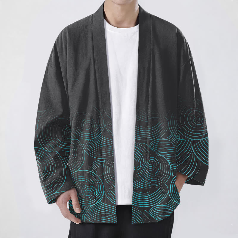 Buddha Stones Cotton Ripple Circle Pattern Open Front Men's Kimono - Black - US/UK/AU48，EU58 (4XL) - image 9