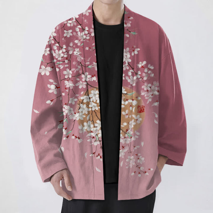 Buddha Stones Cotton White Cherry Blossom Pattern Open Front Men's Kimono - PaleVioletRed - US/UK/AU48，EU58 (4XL) - image 0