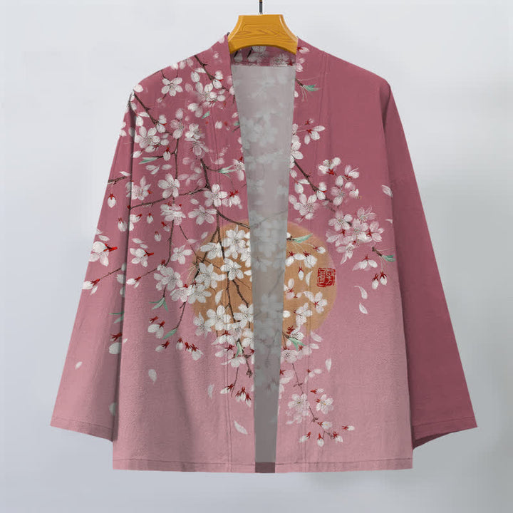 Buddha Stones Cotton White Cherry Blossom Pattern Open Front Men's Kimono - image 1
