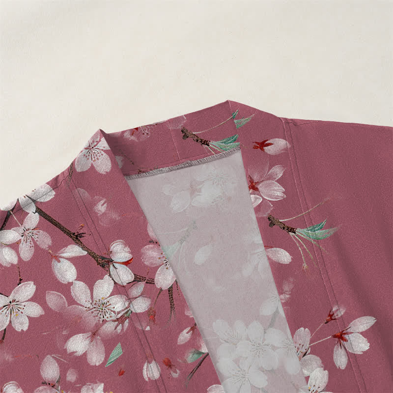 Buddha Stones Cotton White Cherry Blossom Pattern Open Front Men's Kimono - image 3