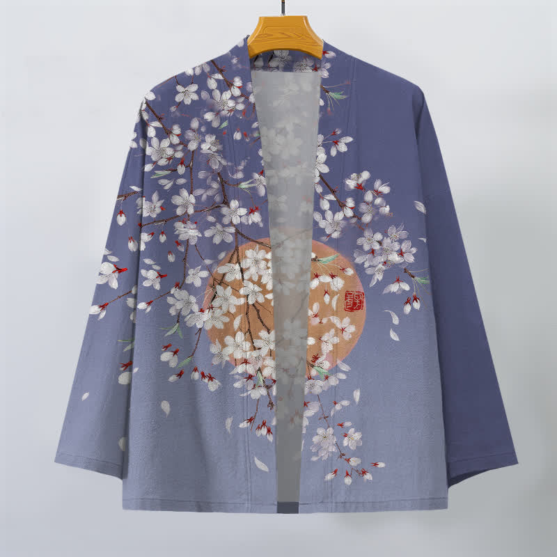 Buddha Stones Cotton White Cherry Blossom Pattern Open Front Men's Kimono - image 7