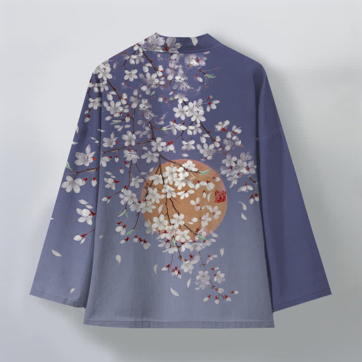 Buddha Stones Cotton White Cherry Blossom Pattern Open Front Men's Kimono - image 8