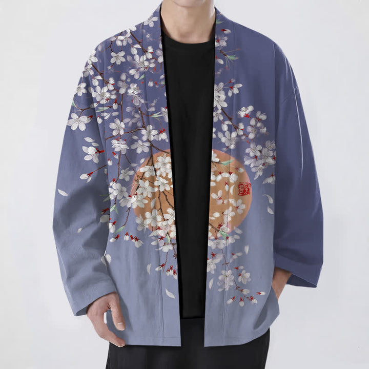 Buddha Stones Cotton White Cherry Blossom Pattern Open Front Men's Kimono - SlateBlue - US/UK/AU48，EU58 (4XL) - image 6