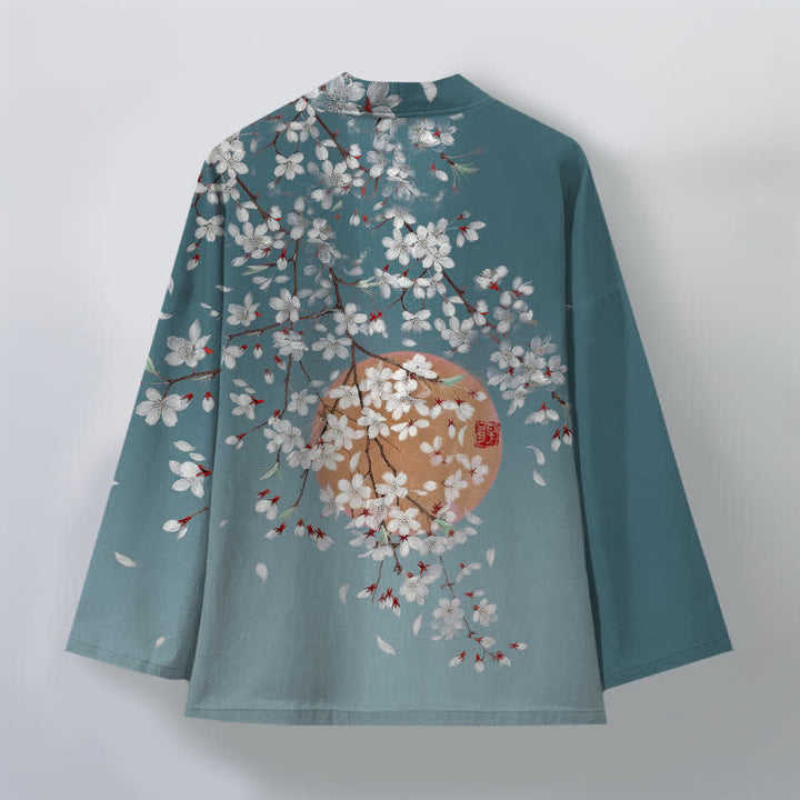 Buddha Stones Cotton White Cherry Blossom Pattern Open Front Men's Kimono - image 11
