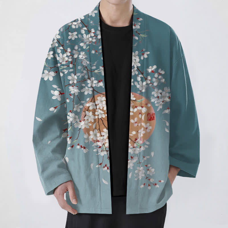 Buddha Stones Cotton White Cherry Blossom Pattern Open Front Men's Kimono - Teal - US/UK/AU48，EU58 (4XL) - image 9