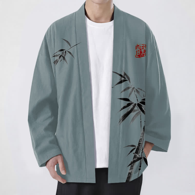 Buddha Stones Cotton Asymmetrical Ink Bamboo Pattern Open Front Men's Kimono - CadetBlue - US/UK/AU48，EU58 (4XL) - image 6