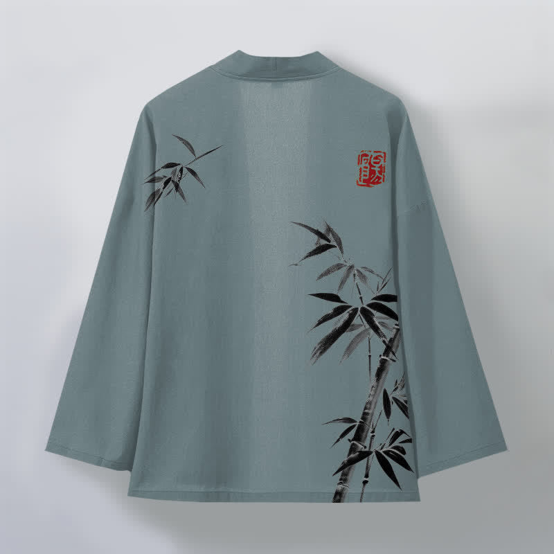 Buddha Stones Cotton Asymmetrical Ink Bamboo Pattern Open Front Men's Kimono - image 8