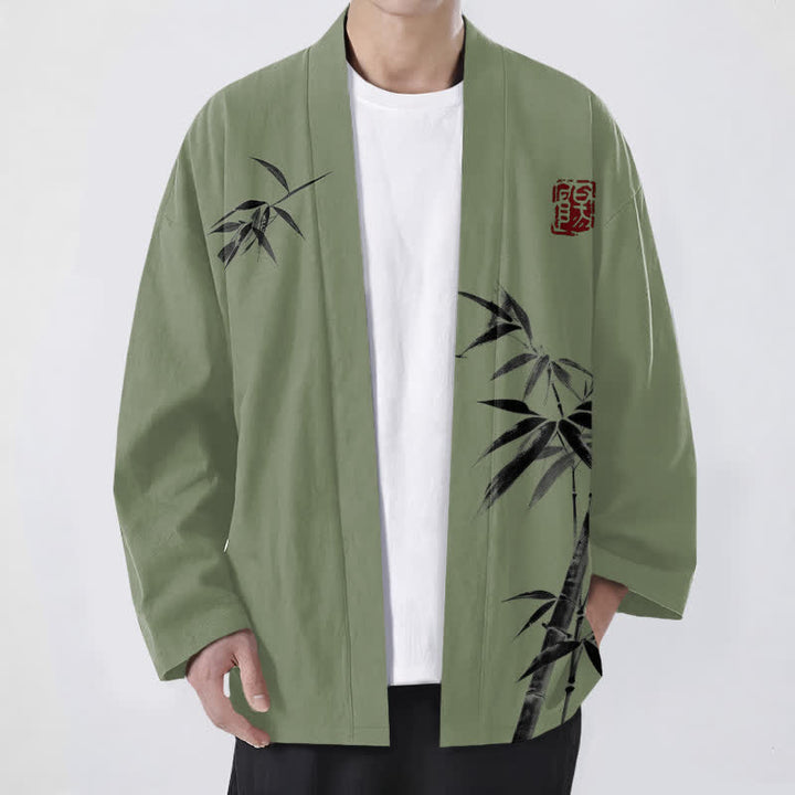 Buddha Stones Cotton Asymmetrical Ink Bamboo Pattern Open Front Men's Kimono - OliveDrab - US/UK/AU48，EU58 (4XL) - image 9