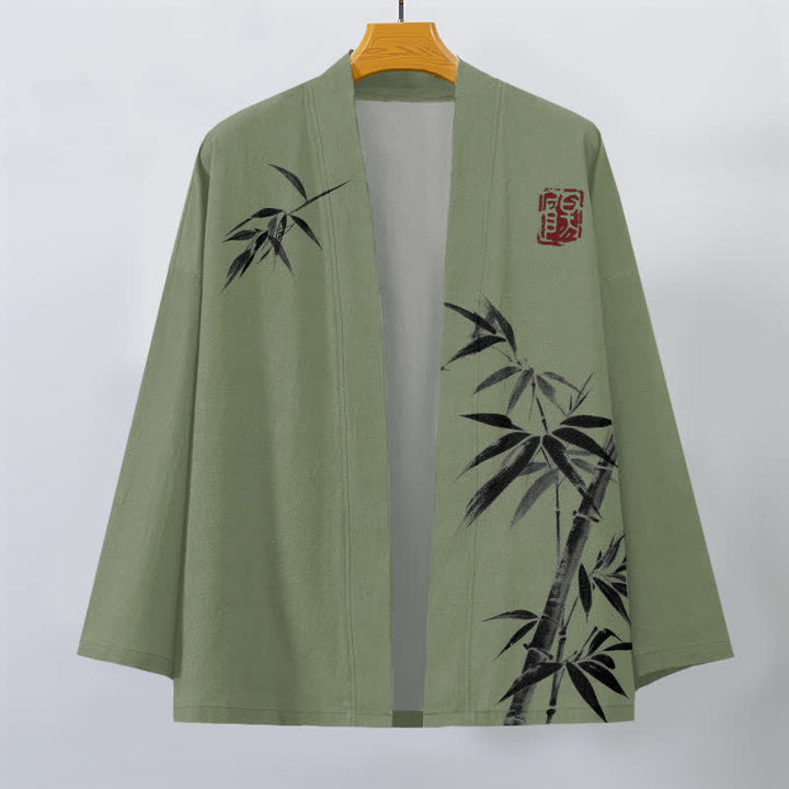 Buddha Stones Cotton Asymmetrical Ink Bamboo Pattern Open Front Men's Kimono - image 10