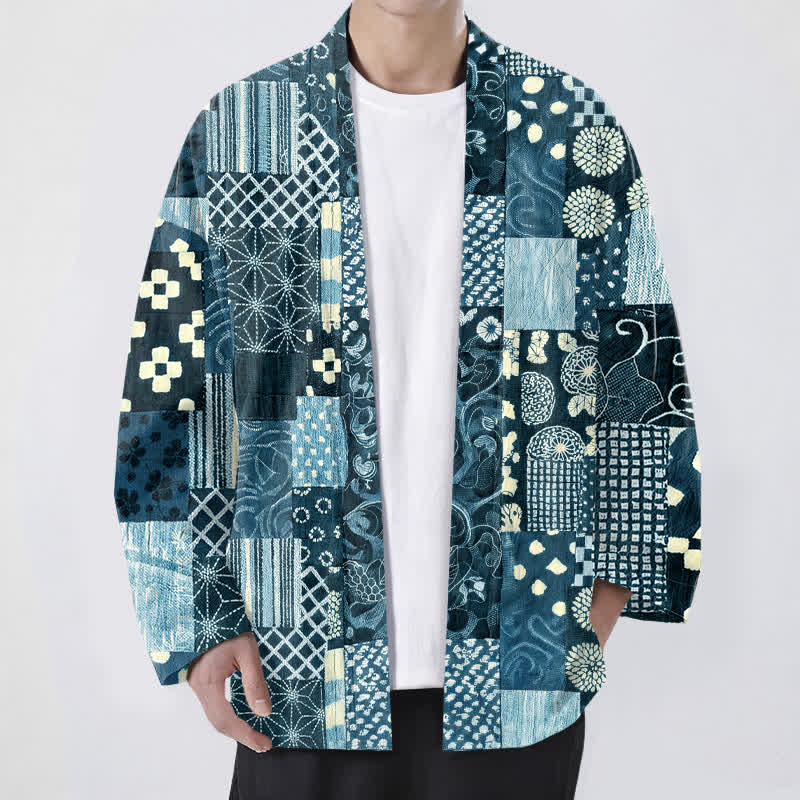 Buddha Stones Cotton Vintage Floral Patchwork Pattern Open Front Men's Kimono - Teal - US/UK/AU48，EU58 (4XL) - image 6