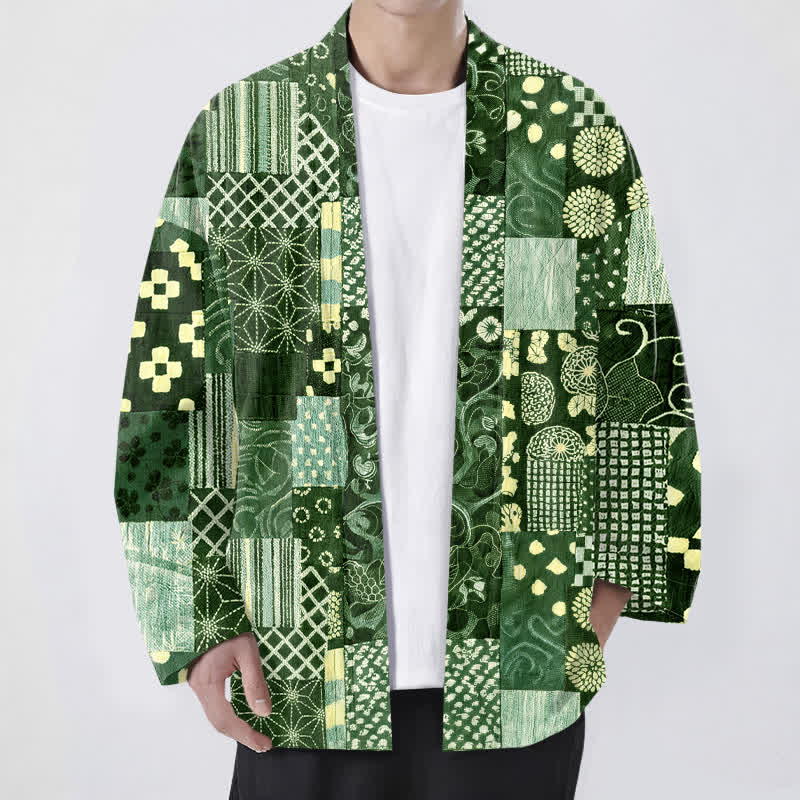 Buddha Stones Cotton Vintage Floral Patchwork Pattern Open Front Men's Kimono - ForestGreen - US/UK/AU48，EU58 (4XL) - image 9
