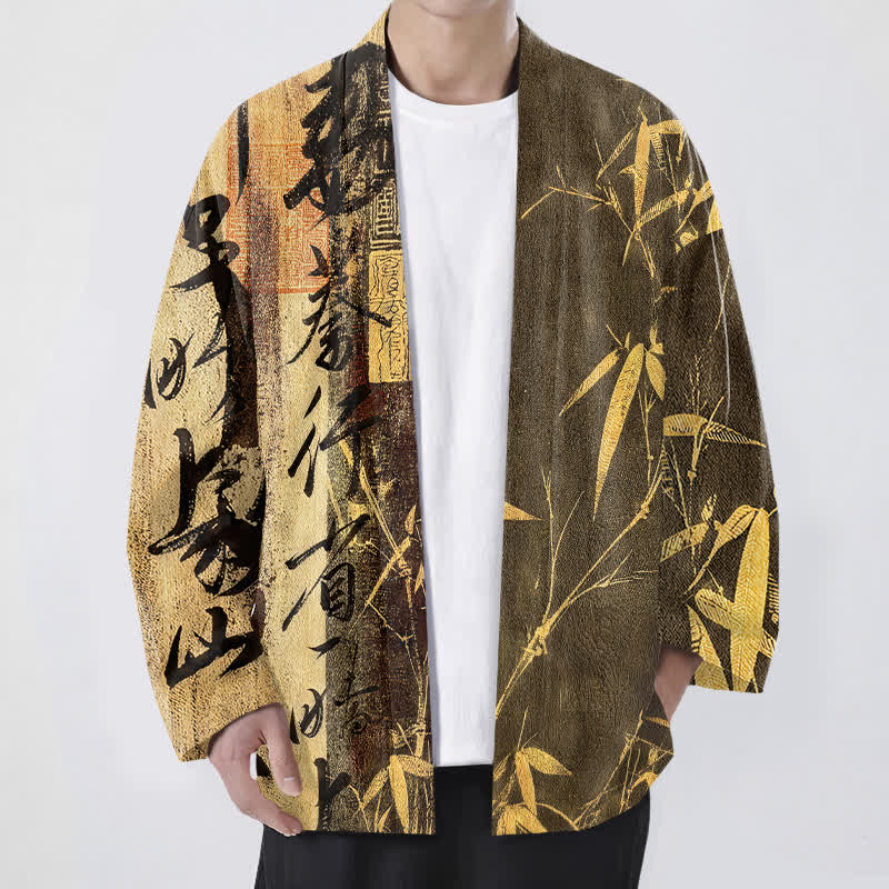Buddha Stones Cotton Zen Calligraphy Bamboo Pattern Open Front Men's Kimono - Goldenrod - US/UK/AU48，EU58 (4XL) - image 6
