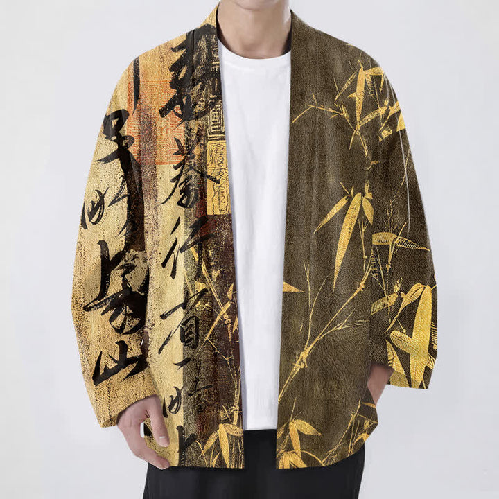 Buddha Stones Cotton Zen Calligraphy Bamboo Pattern Open Front Men's Kimono - Goldenrod - US/UK/AU48，EU58 (4XL) - image 6