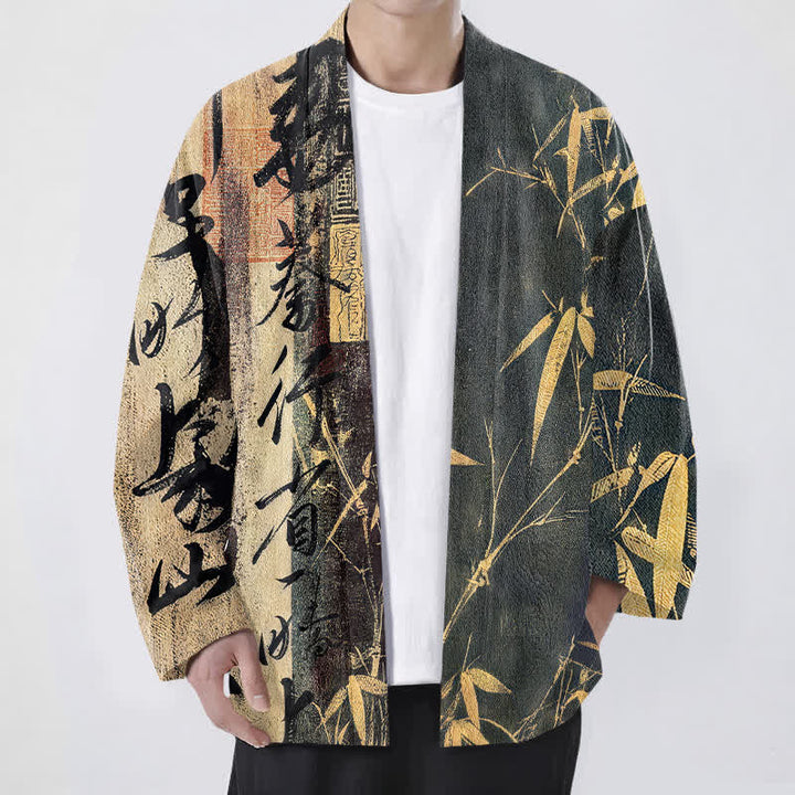Buddha Stones Cotton Zen Calligraphy Bamboo Pattern Open Front Men's Kimono - Gray - US/UK/AU48，EU58 (4XL) - image 9