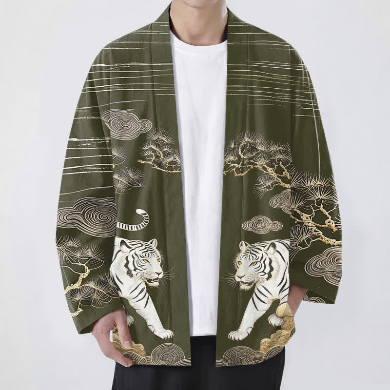 Buddha Stones Cotton White Tiger Cloud Pine Pattern Open Front Men's Kimono - Olive - US/UK/AU48，EU58 (4XL) - image 0