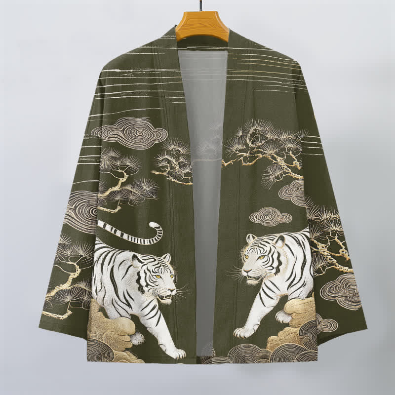 Buddha Stones Cotton White Tiger Cloud Pine Pattern Open Front Men's Kimono - image 1