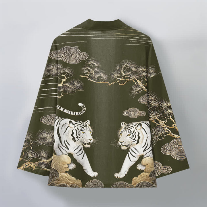 Buddha Stones Cotton White Tiger Cloud Pine Pattern Open Front Men's Kimono - image 2