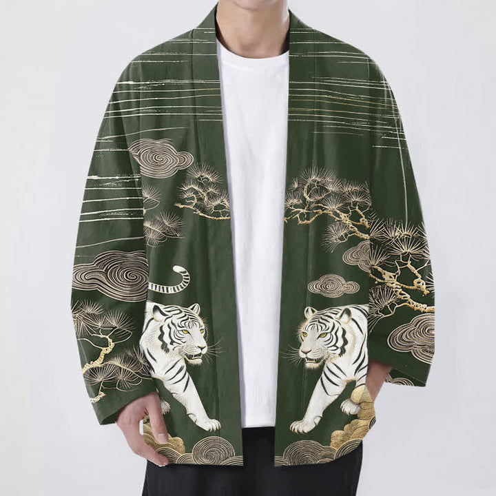 Buddha Stones Cotton White Tiger Cloud Pine Pattern Open Front Men's Kimono - DarkGreen - US/UK/AU48，EU58 (4XL) - image 6