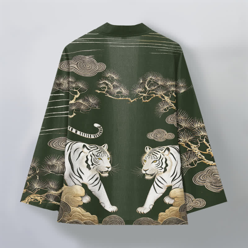 Buddha Stones Cotton White Tiger Cloud Pine Pattern Open Front Men's Kimono - image 8
