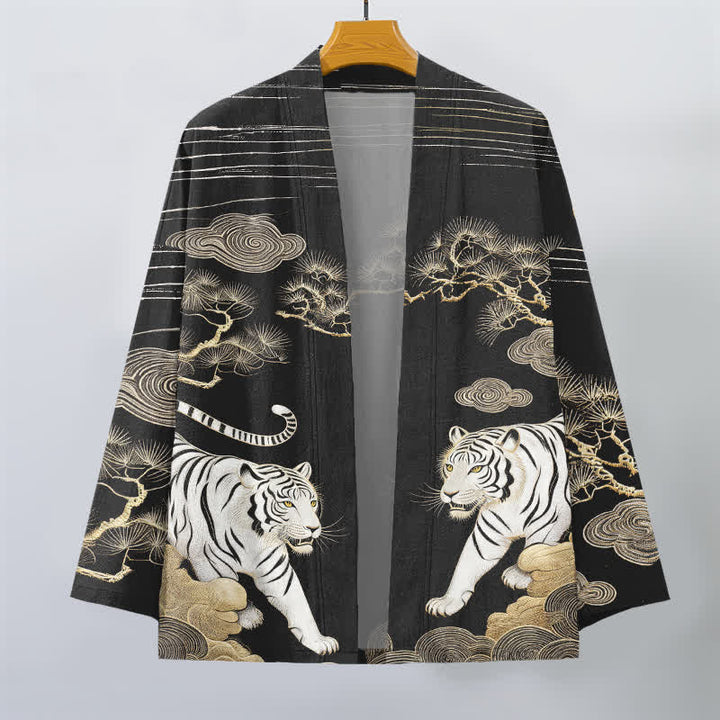 Buddha Stones Cotton White Tiger Cloud Pine Pattern Open Front Men's Kimono - image 10