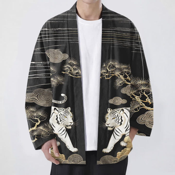 Buddha Stones Cotton White Tiger Cloud Pine Pattern Open Front Men's Kimono - Black - US/UK/AU48，EU58 (4XL) - image 9