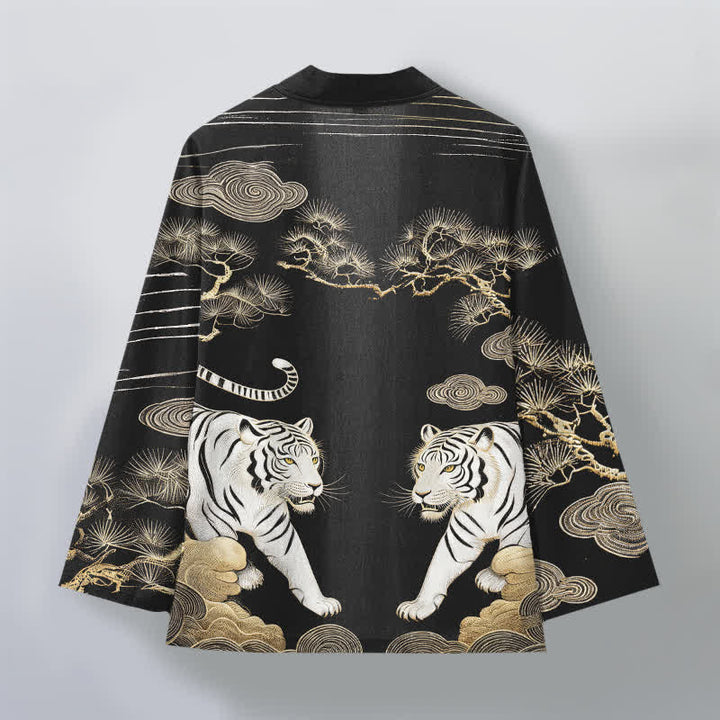 Buddha Stones Cotton White Tiger Cloud Pine Pattern Open Front Men's Kimono - image 11