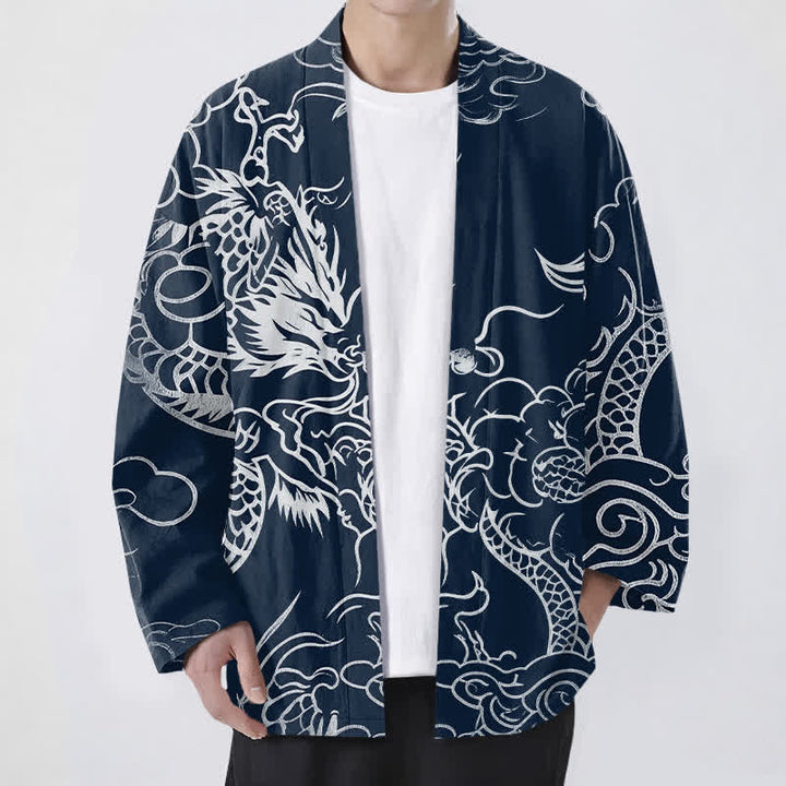 Buddha Stones Cotton Traditional Dragon Cloud Pattern Open Front Men's Kimono - Navy - US/UK/AU48，EU58 (4XL) - image 0