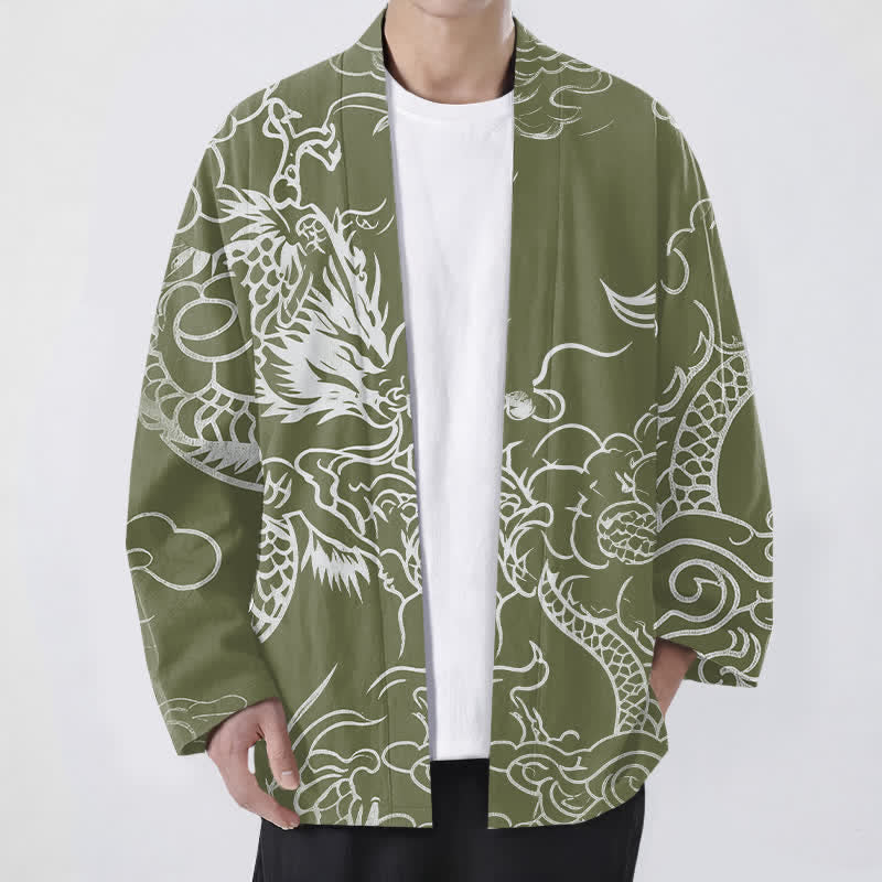 Buddha Stones Cotton Traditional Dragon Cloud Pattern Open Front Men's Kimono - OliveDrab - US/UK/AU48，EU58 (4XL) - image 9