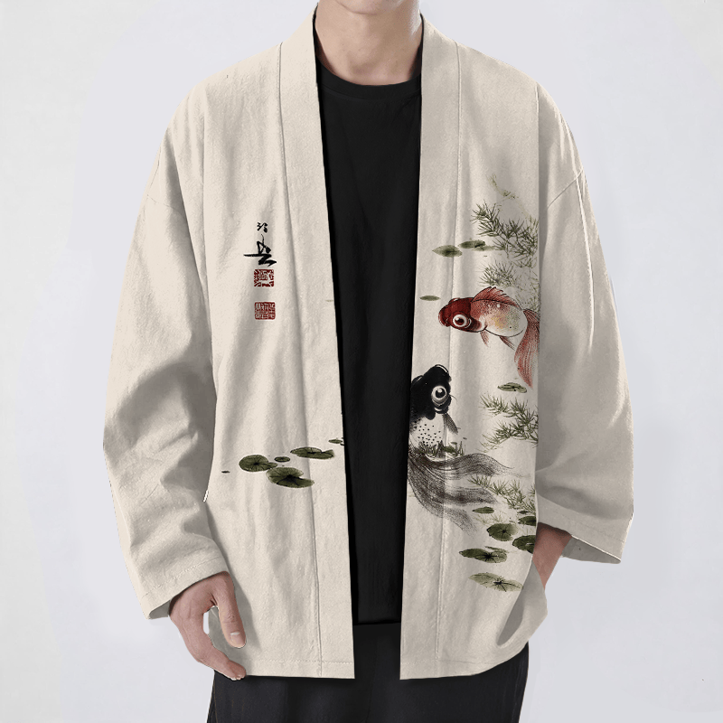 Buddha Stones Cotton Red Black Koi Lotus Pattern Open Front Men's Kimono - Beige - US/UK/AU48，EU58 (4XL) - image 0