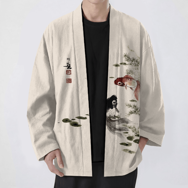 Buddha Stones Cotton Red Black Koi Lotus Pattern Open Front Men's Kimono - Beige - US/UK/AU48，EU58 (4XL) - image 0