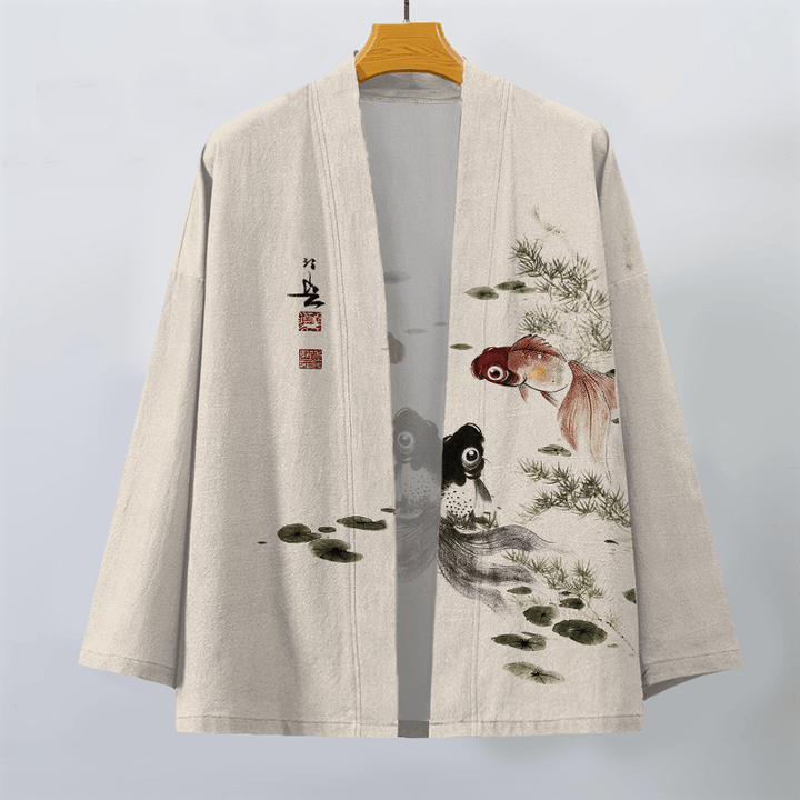 Buddha Stones Cotton Red Black Koi Lotus Pattern Open Front Men's Kimono - image 1
